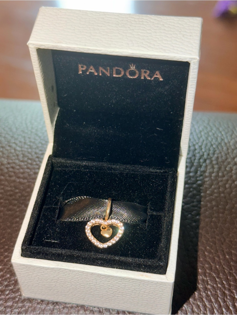 Pandora Solid 14k Gold Double Heart Dangle Charm CZ